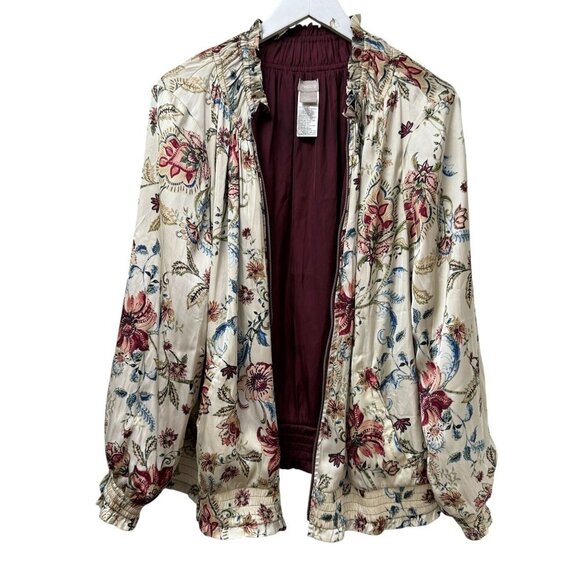 CHICO'S Floral Bomber Jacket XL (Chicos 3) Cream Red Reversible Zip Front Satin - Picture 4 of 15